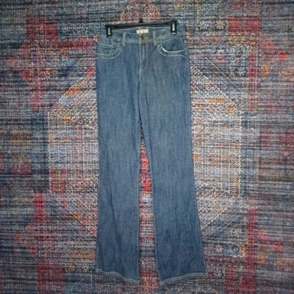 THE TERRITORY AHEAD womens dark wash distressed stretch bootcut jeans 4x34 EUC